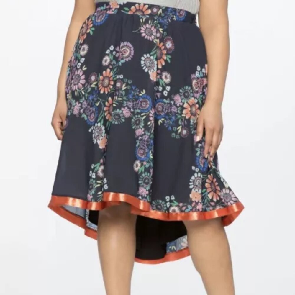 eloquii Skirt Womens 18 Black Floral Orange Ribbon Trim Lined High Low boho